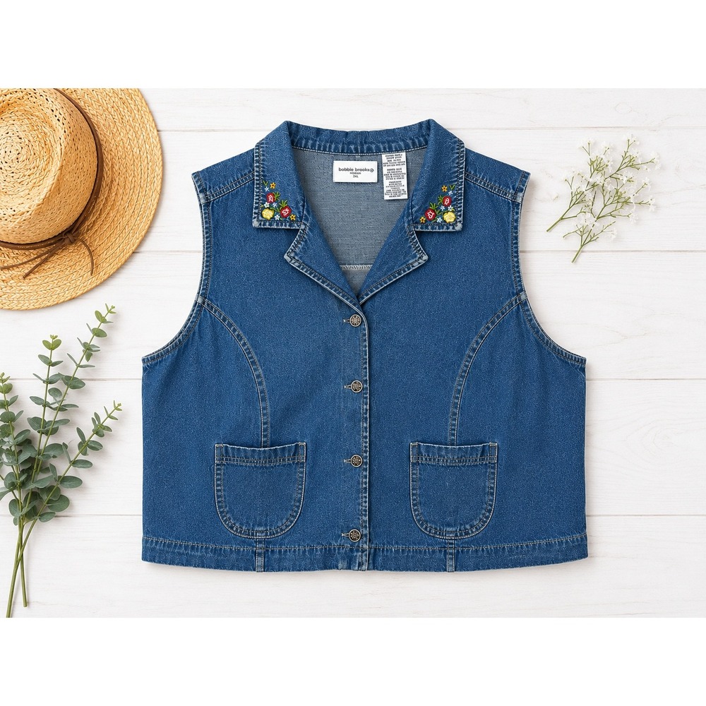 Bobbie Brooks Vest Women 22W Blue Excellent Floral Embroidered Cropped Denim